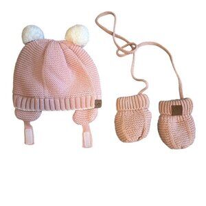 Calikids Double Pom Pom Super Soft Knit and Fuzzy Fleece Lined Hat & Mittens Set